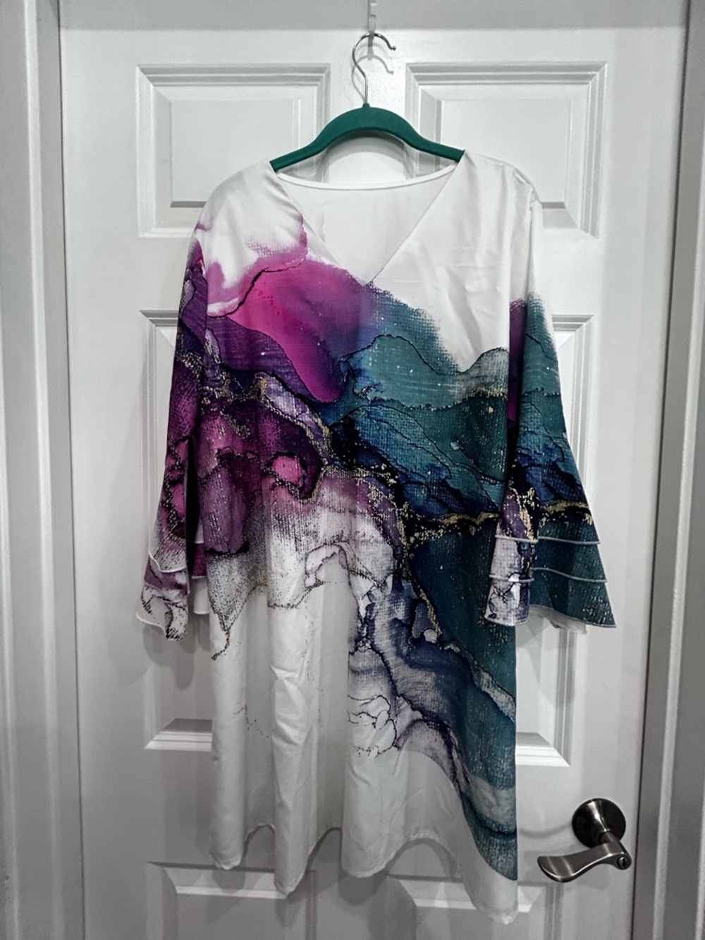 White Tunic Dress with Purple and Teal Marble Print